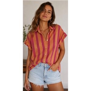 Gap Womens Orange Pink Striped Cotton Gauze Short Sleeve Button Down Shirt M